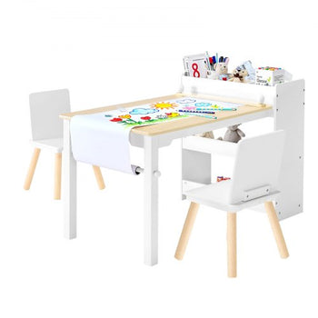 Kids Art Table and Chair Set, Toddler Craft Table with 3 Tiers Storage Cabinet, Wooden Kids Activity Play Desk with 2 Chairs, Art Craft Play Desk for Reading, Learning, Drawing, Writing, White