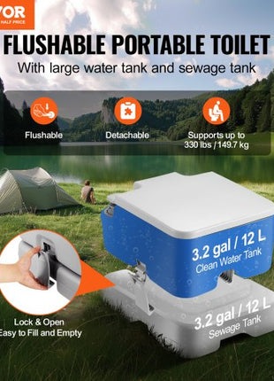 Portable Toilet for Camping with Carry Bag, RV Toilet with 3.2 Gal Waste Tank, Push-Button Pressurized Flush Commode, Leak-proof and Odourless Travel Toilet for Adults Kids Camping Car