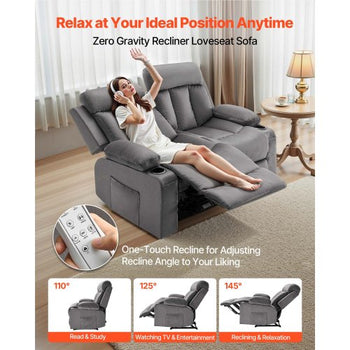 Loveseat Recliner Sofa, Power Reclining Couch with Heating and Massage, Soft Velvet Electric Recliner Sofa with USB Ports, Cup Holders andSideBags, Dual Loveseat Chair for Living Room, Grey