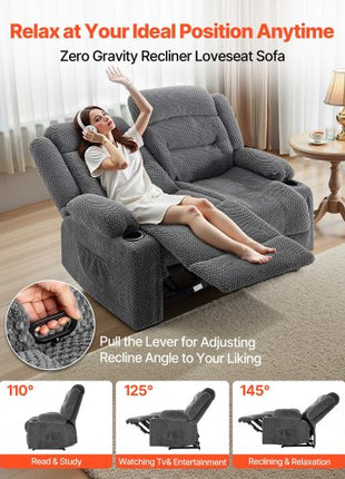 Loveseat Recliner Sofa, Manual Reclining Couch with Heating and Massage, Soft Corduroy Recliner Sofa with USB Ports, Cup Holders and Side Storage Bags, Dual Loveseat Chair for Living Room, Grey