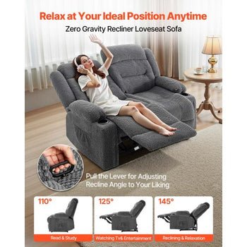 Loveseat Recliner Sofa, Manual Reclining Couch with Heating and Massage, Soft Corduroy Recliner Sofa with USB Ports, Cup Holders and Side Storage Bags, Dual Loveseat Chair for Living Room, Grey