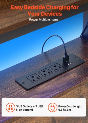 Headboard for Full Size Bed, with 2 Storage Shelves, LED Light, 3 Outlets, and 3 USB Ports, Sturdy and Stable Carbon Steel Frame Head Board with Charging Station, Adjustable Height, Black