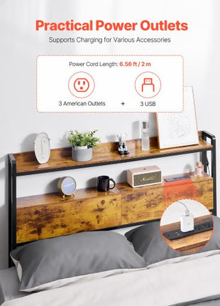 Headboard for Full Size Bed, Adjustable Height Headboard with 2 Shelves Storage, Freestanding Head Board with Charging Station and LED Light for Different Bed Frames, Easy Assembly, Brown