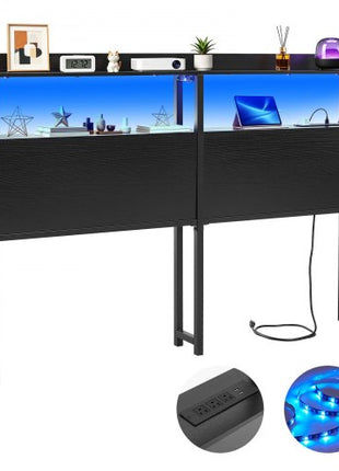 Headboard for Queen Size Bed, with 2 Storage Shelves, LED Light, 3 Outlets, and 3 USB Ports, Sturdy and Stable Carbon Steel Frame Head Board with Charging Station, Adjustable Height, Black