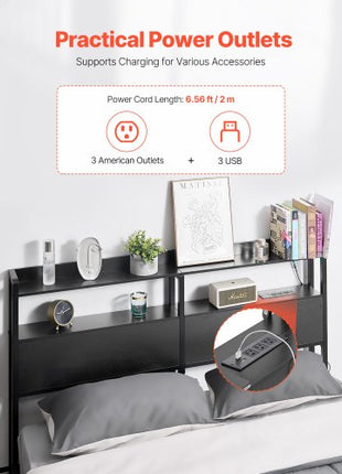Headboard for Queen Size Bed, Adjustable Height Headboard with 2 Shelves Storage, Freestanding Head Board with Charging Station and LED Light for Different Bed Frames, Easy Assembly, Black