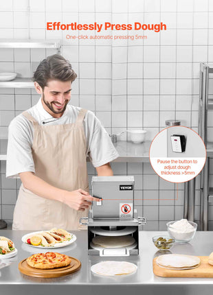 Electric Pizza Dough Press Machine, 6 inch Pizza Pastry Press Plate, Stainless Steel Bread Presser, Adjustable Thickness Commercial Forming Machine, with 100 Pcs Parchment Paper