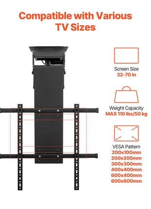 Motorized Ceiling TV Mount, TV Wall Mount for 32 to 70 Inch TV, Electric Adjustable Ceiling TV Mount, Motorized Flip Down TV Mount Bracket with Max VESA 24 x 24 in, Fits TVs Up to 110 lbs