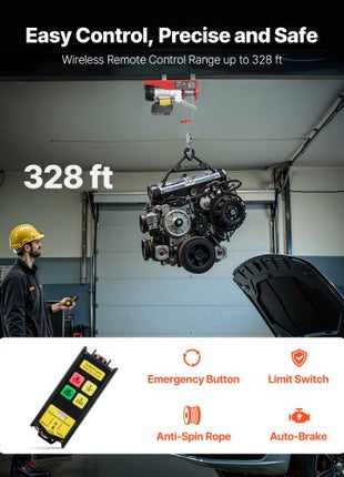 Wireless Electric Hoist, 440 lbs 110V Electric Steel Wire Winch with Wireless Remote Control, 40ft Single Cable Lifting Height & Pure Copper Motor, for Garage Warehouse Factory