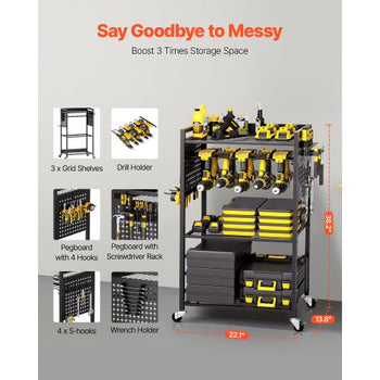 4-tier Tool Organizer Cart, 150 lbs Load Capacity, Floor Stand Rolling Drill Holder and Stability Storage Rack, Heavy Duty Garage Floor Rolling Storage Cart for Workshop, Garage, Black