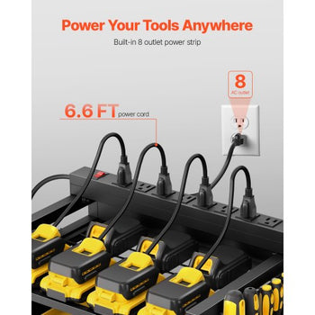 4-tier Tool Organizer Cart with Charging Station, 8 AC Outlet, Floor Stand Rolling Drill Holder and Tool Battery Storage Rack on Wheels, Garage Floor Rolling Storage Cart for Workshop, Garage