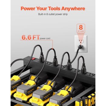 5-tier Tool Organizer Cart with Charging Station, 8 AC Outlet, Floor Stand Rolling Drill Holder and Tool Battery Storage Rack on Wheels, Garage Floor Rolling Storage Cart for Workshop, Garage