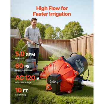 Water Pressure Pump, 110V AC 5 GPM, 5-Chamber On Demand Electric Diaphragm Water Transfer Pump, 60 PSI Max Pressure, Automatic Pressure Switch, for Home Kitchen Garden Irrigation Car Washing