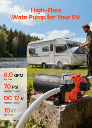 RV Water Pump, 12V DC 6 GPM (22.7 L/min), 4-Chamber Self-Priming Diaphragm Water Pump with Automatic Pressure Switch, 70 PSI Max Pressure, On Demand for RV, Caravan, Marine, Yacht, Car Washing