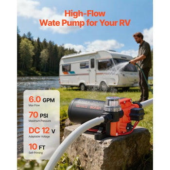 RV Water Pump, 12V DC 6 GPM (22.7 L/min), 4-Chamber Self-Priming Diaphragm Water Pump with Automatic Pressure Switch, 70 PSI Max Pressure, On Demand for RV, Caravan, Marine, Yacht, Car Washing