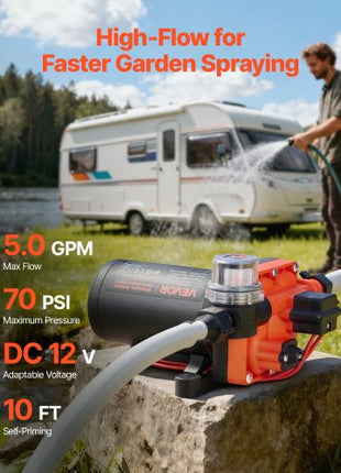 RV Water Pump, 12V DC 5 GPM (18.9 L/min), 4-Chamber Self-Priming Diaphragm Water Pump with Automatic Pressure Switch, 70 PSI Max Pressure, On Demand for RV, Caravan, Marine, Yacht, Car Washing