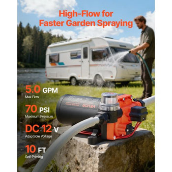 RV Water Pump, 12V DC 5 GPM (18.9 L/min), 4-Chamber Self-Priming Diaphragm Water Pump with Automatic Pressure Switch, 70 PSI Max Pressure, On Demand for RV, Caravan, Marine, Yacht, Car Washing