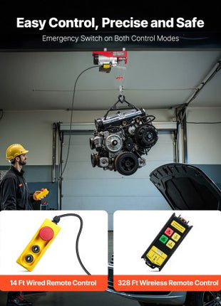 Electric Hoist, 1320 lbs 120V Electric Winch with 328 ft Wireless & 14 ft Wired Remote Control, 40 ft Single Cable Lifting Height, Single/Double Slings, Lift Hoist for Garage Warehouse Factory