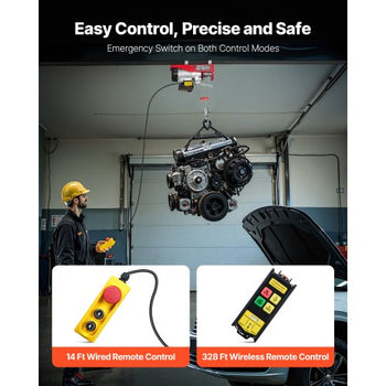 Electric Hoist, 1320 lbs 120V Electric Winch with 328 ft Wireless & 14 ft Wired Remote Control, 40 ft Single Cable Lifting Height, Single/Double Slings, Lift Hoist for Garage Warehouse Factory