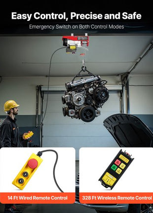 Electric Hoist, 440 lbs 120V Electric Winch with 328 ft Wireless & 14 ft Wired Remote Control, 40 ft Single Cable Lifting Height, Single/Double Slings, Lift Hoist for Garage Warehouse Factory