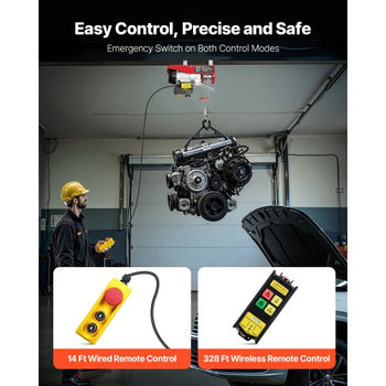 Electric Hoist, 440 lbs 120V Electric Winch with 328 ft Wireless & 14 ft Wired Remote Control, 40 ft Single Cable Lifting Height, Single/Double Slings, Lift Hoist for Garage Warehouse Factory