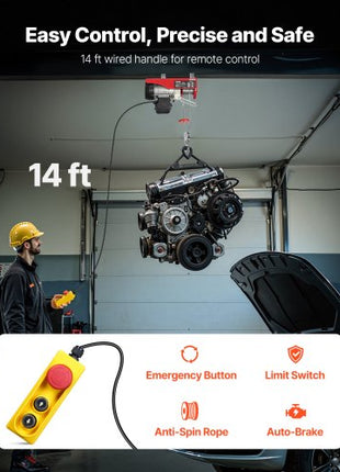 Electric Hoist, 440lbs Garage Hoist with 14ft Wired Control, 110 volt Electric Hoist Winch 40ft Single Cable Lifting Height, Pure Copper Motor and Emergency Stop Switch