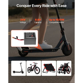 24V Electric Scooter Battery, 8Ah, Ebike Lithium Battery Pack with 30A BMS, Charger, T-Plug Expansion Cable, 500+ Cycles, Compatible with 1920W Motors, for Electric Bikes Bicycles, Scooters