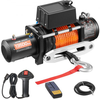 Electric Winch, 13500 lbs Load Capacity, 12V DC Truck Winch with ?3/8 in x 80 ft Synthetic Rope, Wireless & Wired Remote Control, Suitable for Towing Off-Road SUV Jeep Trailer Boat