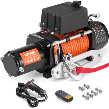Electric Winch, 10,000 lb, 12V DC Truck Winch with ?7/20 in x 65 ft Synthetic Rope Aluminum Fairlead Wireless & Wired Remote Control, IP55 Waterproof for Towing Off-Road SUV Jeep Trailer Boat