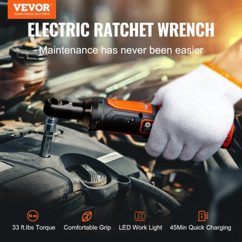 3/8" Cordless Electric Ratchet Wrench Set, 12V 33 Ft-lbs Power Ratchet Tool Kit, 45-Min Fast Charge, 2-Pack 2.0Ah Battery, Built-in LED Light, Variable Speed Trigger, 10 Sockets