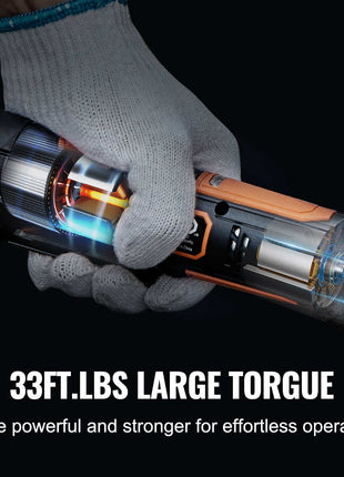 Black and orange high-torque electric screwdriver with ergonomic grip, showcasing internal mechanism.