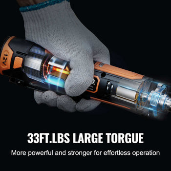 Black and orange high-torque electric screwdriver with ergonomic grip, showcasing internal mechanism.