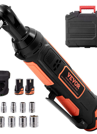 12V VEVOR cordless ratchet wrench set with orange and black design, includes sockets and a carrying case.