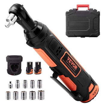 12V VEVOR cordless ratchet wrench set with orange and black design, includes sockets and a carrying case.