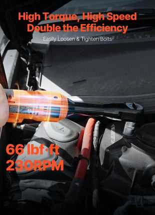 Cordless Ratchet Wrench, 3/8 inch Drive, 230 RPM, up to 66 ft-lbs of Torque, Battery Powered Electric Ratchet Wrench Set with Two 2.0Ah Batteries, Charger, Sockets, Adaptors and Cloth Bag