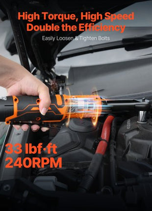 Cordless Ratchet Wrench, 3/8 inch Drive, 240 RPM, up to 33 ft-lbs of Torque, Extended Battery Powered Electric Ratchet Wrench Set with Two Batteries, Charger, Sockets, Adaptor and Extension Bar