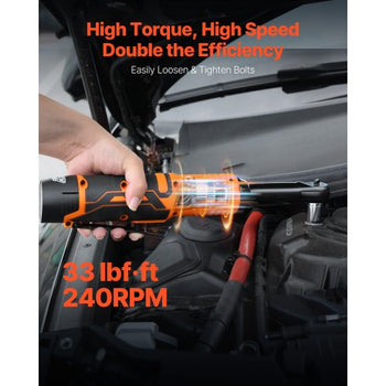 Cordless Ratchet Wrench, 3/8 inch Drive, 240 RPM, up to 33 ft-lbs of Torque, Extended Battery Powered Electric Ratchet Wrench Set with Two Batteries, Charger, Sockets, Adaptor and Extension Bar