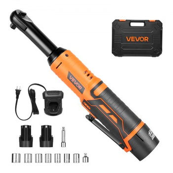 Cordless Ratchet Wrench, 3/8 inch Drive, 240 RPM, up to 33 ft-lbs of Torque, Extended Battery Powered Electric Ratchet Wrench Set with Two Batteries, Charger, Sockets, Adaptor and Extension Bar