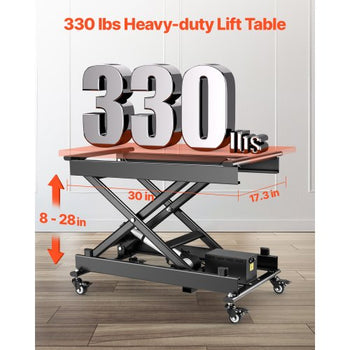 Electric Lift Table, 330 lbs Capacity Single Scissor Lift Table, 8 - 28 in Height Adjustable Lifting Platform, Coffee Table lift with 4 Wheels, for Material Handling and Transportation, Black