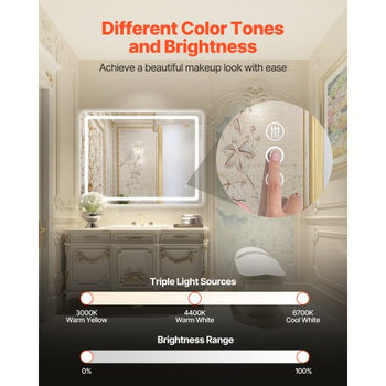 LED Bathroom Mirror, 36" x 48" LED Bathroom Vanity Mirror with Frontlit and Backlit, Anti-Fog Memory Mirror with Lights, Stepless 3 Colors Temperature Dimmable Bathroom Mirror, Wall Mounted