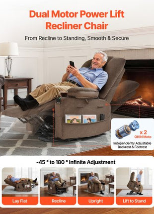 Power Lift Recliner Chair, Dual Motor, Large Electric Lift Chair with Heat and Massage for Elderly, Infinite Position Adjustment, Velvet Fabric, with Side and Front Pockets, Cup Holders, Brown