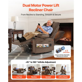 Power Lift Recliner Chair, Dual Motor, Large Electric Lift Chair with Heat and Massage for Elderly, Infinite Position Adjustment, Velvet Fabric, with Side and Front Pockets, Cup Holders, Brown