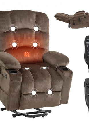 Power Lift Recliner Chair, Dual Motor, Large Electric Lift Chair with Heat and Massage for Elderly, Infinite Position Adjustment, Velvet Fabric, with Side and Front Pockets, Cup Holders, Brown