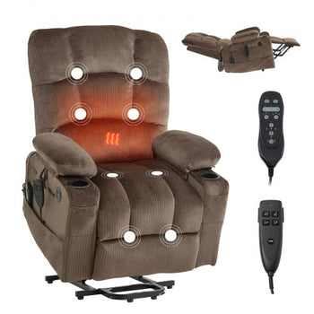 Power Lift Recliner Chair, Dual Motor, Large Electric Lift Chair with Heat and Massage for Elderly, Infinite Position Adjustment, Velvet Fabric, with Side and Front Pockets, Cup Holders, Brown