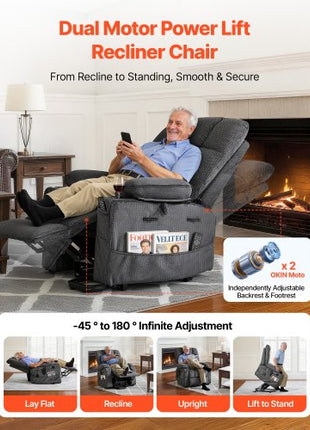 Power Lift Recliner Chair, Dual Motor, Large Electric Lift Chair with Heat and Massage for Elderly, Infinite Position Adjustment, Velvet Fabric, with Storage Pockets, Cup Holders, Dark Gray