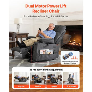 Power Lift Recliner Chair, Dual Motor, Large Electric Lift Chair with Heat and Massage for Elderly, Infinite Position Adjustment, Velvet Fabric, with Storage Pockets, Cup Holders, Dark Gray