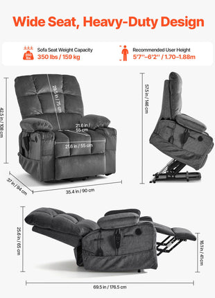 Power Lift Recliner Chair, Dual Motor, Large Electric Lift Chair with Heat and Massage for Elderly, Infinite Position Adjustment, Velvet Fabric, with Storage Pockets, Cup Holders, Dark Gray
