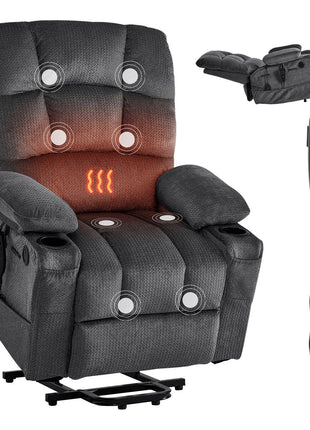 Power Lift Recliner Chair, Dual Motor, Large Electric Lift Chair with Heat and Massage for Elderly, Infinite Position Adjustment, Velvet Fabric, with Storage Pockets, Cup Holders, Dark Gray