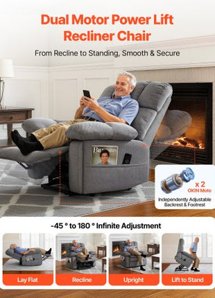 Power Lift Recliner Chair, Dual Motor, Oversized Electric Lift Chair with Heat and Massage for Elderly, Infinite Position Adjustment, Chenille Fabric, with Side Pockets, Cup Holders, Light Gray