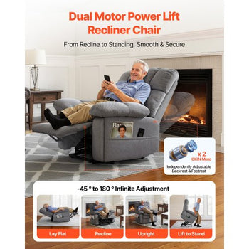 Power Lift Recliner Chair, Dual Motor, Oversized Electric Lift Chair with Heat and Massage for Elderly, Infinite Position Adjustment, Chenille Fabric, with Side Pockets, Cup Holders, Light Gray