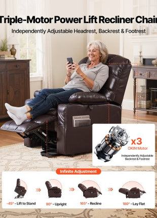 Power Lift Recliner Chair, Triple-Motor, Large Electric Lift Chair with Heat and Massage for Elderly, Infinite Position Adjustment, Leather Surface, with Storage Pockets and Cup Holders, Brown